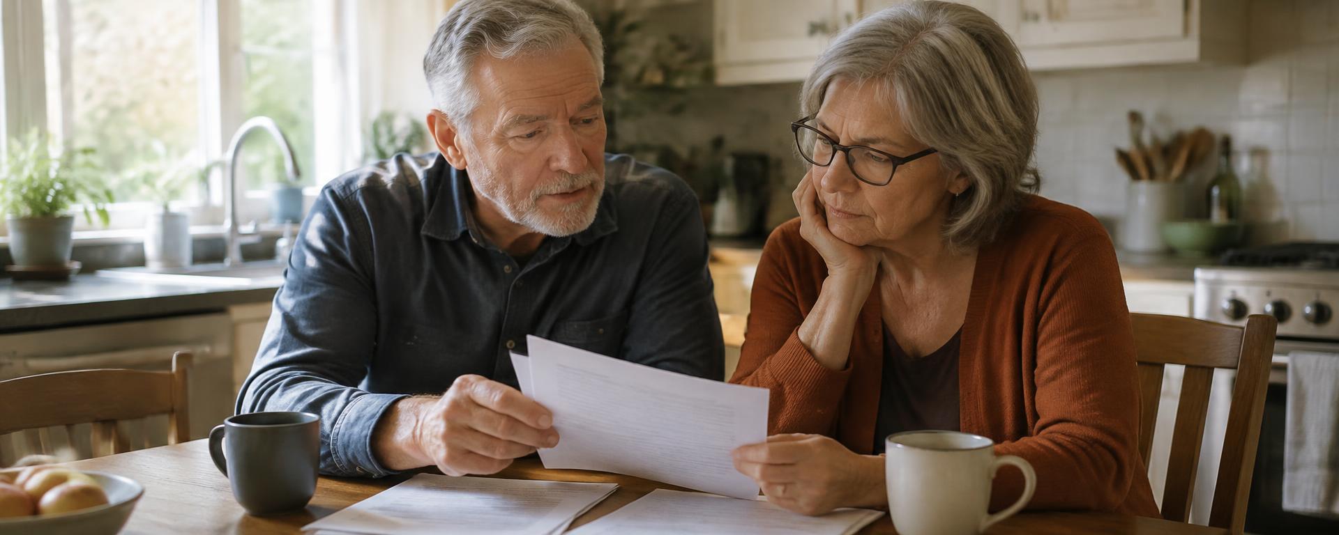 An older couple reviewing papers together at their kitchen table